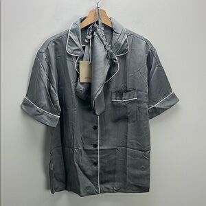 NEW Ettitude Bamboo Sateen Plus Short Sleeve PJ Shirt Gray Top Small Silky NWT